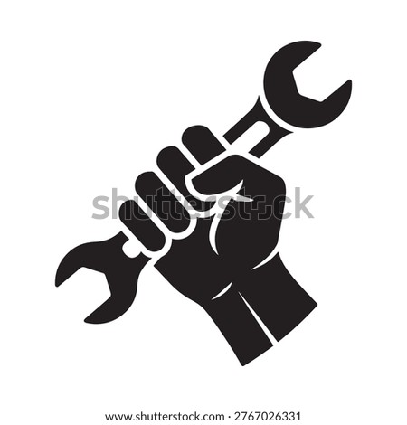 A clenched fist powerfully grasping a black wrench symbolizing strength and repair