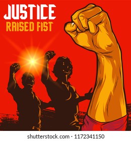 Clenched Fist Propaganda Illustration. Men and Women raised fist. Protest fist. Retro revolution poster design elements.