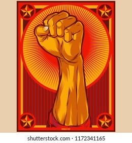 Clenched Fist Propaganda Poster Illustration. Protest fist. Raised fist revolution design elements.