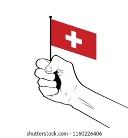 Clenched fist raised in the air holding the national flag of Switzerland