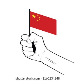 Clenched fist raised in the air holding the national flag of China