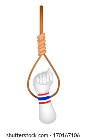 A Clenched Fist Raised Up in The Air Wearing Thailand Flag Wristband in Front of Hanging Noose for Against Government and Corruption. 