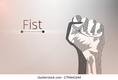A clenched fist and raised hand symbolize strength, protest and readiness. Part of the hand,bodyes. 
light background, glow isolated, plexus, wireframe, vector illustration, low poly, dots,eps10