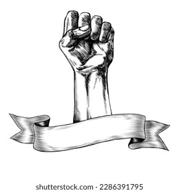 el puño apretado levantó el boceto vintage de la mano. Ilustración dibujada a mano por vectores. Protesta, revolución, poder popular, mayday, manifestación, símbolo