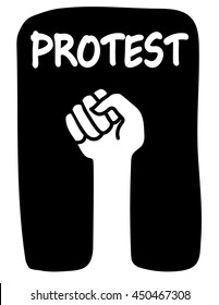 Clenched fist raised on a black background with the word Protest above it in white text