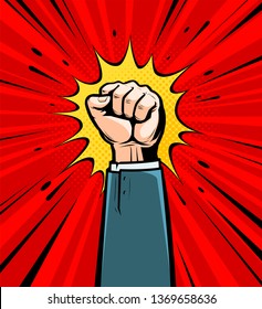 Clenched fist raised up. Cartoon in pop art retro comic style, vector illustration