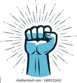 Clenched fist raised up. Gym logo. Vector illustration