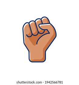 Clenched fist RGB color icon. Demonstration of power. Images of hands of dark-skinned people. Boxing sign. Sign of fight for rights. Social and political movement. Isolated vector illustration