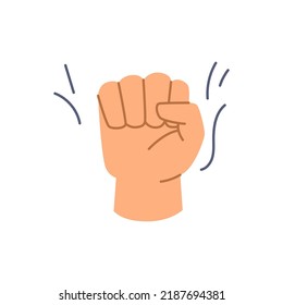 Clenched fist rise up, isolated gesture symbol of rebellion and resistance, fight and aggressive demonstration of power. Flat cartoon, vector in flat style