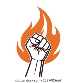 Clenched fist rises amid vibrant flames. Representing strength and passion. Vector illustration