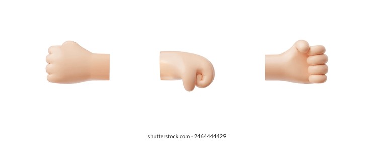 Clenched fist set in 3D style, symbolizing power and protest. Vector illustration set features diverse hand gestures on a white background for social themes