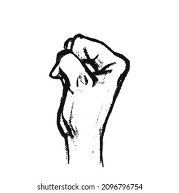 A clenched fist from the side. A hand drawn black on white hand. Vector illustration of a female fist for rights, fight isolated.