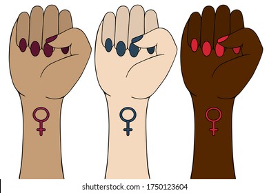 Clenched fist. Symbol of the feminist movement. The struggle for the rights of women around the world. Set of vector illustrations. Hand on an isolated background. On hands a tattoo a gender sign. 