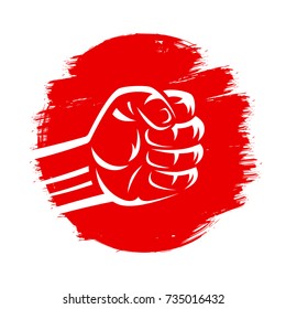 Clenched fist vector illustration on red brush stroke circle hand drawn paint japan flag grunge style. Mixed martial arts, karate fighting, boxing, judo, sumo wrestling.