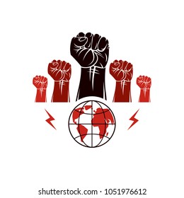 Clenched fists of angry people vector emblem composed with Earth globe symbol. Civil war abstract illustration. Social revolution concept.