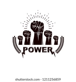 Clenched fists of angry people vector emblem. People demonstration, fighting for their rights and freedom.
