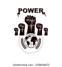 Clenched fists of angry people vector emblem composed with Earth globe symbol. Civil war abstract illustration. Social revolution concept.
