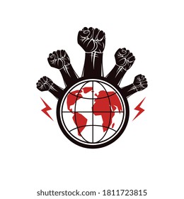 Clenched fists of angry people vector emblem composed with Earth globe symbol. Civil war abstract illustration. Social revolution concept.