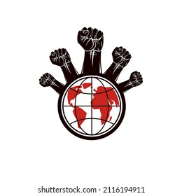 Clenched fists of angry people vector emblem composed with Earth globe symbol. Civil war abstract illustration. Social revolution concept.
