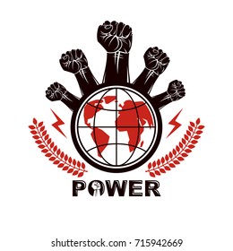 Clenched fists of angry people vector emblem composed with Earth globe symbol. Civil war abstract illustration. Social revolution concept.