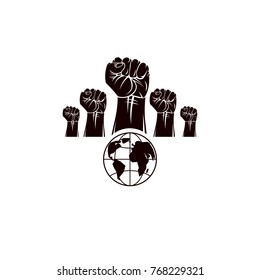 Clenched fists of angry people vector emblem composed with Earth globe symbol. Civil war abstract illustration. Social revolution concept.