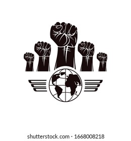 Clenched fists of angry people winged vector emblem composed with Earth globe symbol. Civil war abstract illustration. Social revolution concept.