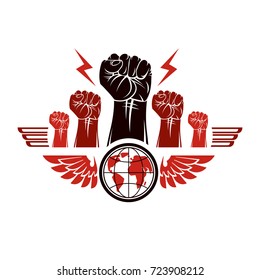 Clenched fists of angry people winged vector emblem composed with Earth globe symbol. Civil war abstract illustration. Social revolution concept.