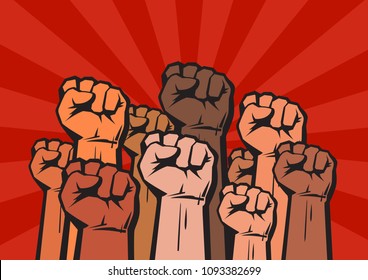 Clenched fists of different colors raised in protest on background with sun rays. Concept of international unity and cooperation. Protest, strength, freedom,  revolution, rebel, revolt symbol.