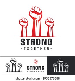 Clenched fists raised in protest. Set of Logo template Three human hands raised in the air. Vector illustration isolated on white background.