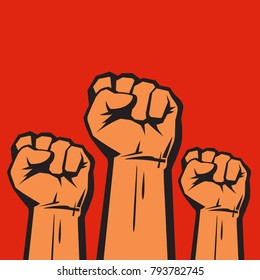 Clenched fists raised in protest. Three human hands raised in the air. Vector illustration isolated on red background.