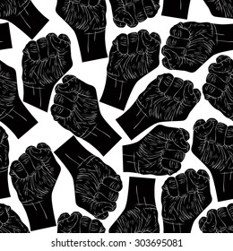 Clenched fists seamless pattern, black and white vector background for wallpapers, textile or other designs.