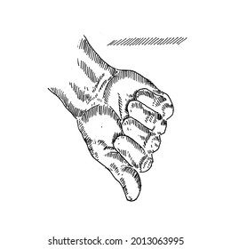 clenched fists with thumbs pointing downwards. graphic art design on a white paper with pencil scribbles. vector graphic design illustration sketch