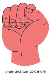 Clenched hand gesture, isolated icon of fist. Symbol of power and strength, fight and activity. Expressing feeling and standing on way, nonverbal communication, logotype. Vector in flat style