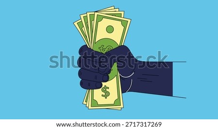 Clenched hand holding bunch of dollar bank notes against blue background symbolizes greed, financial control, and personal wealth accumulation.