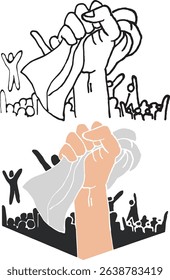 A clenched hand holding a cloth against the background of a group of excited people Vector