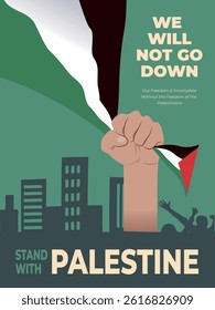 Clenched hand holding Palestine flag and typography on side background. Standing with Palestine design concept background