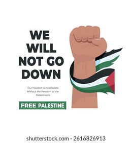 Clenched hand holding Palestine flag and typography on side background. Standing with Palestine design concept background