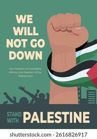 Clenched hand holding Palestine flag and typography on side background. Standing with Palestine design concept background