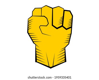 Clenched hand or power fist in yellow color on white background