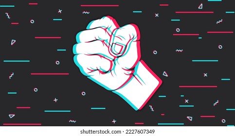 Clenched male fist. Strength and courage. Courage and honor. Glitch background. Vector illustration