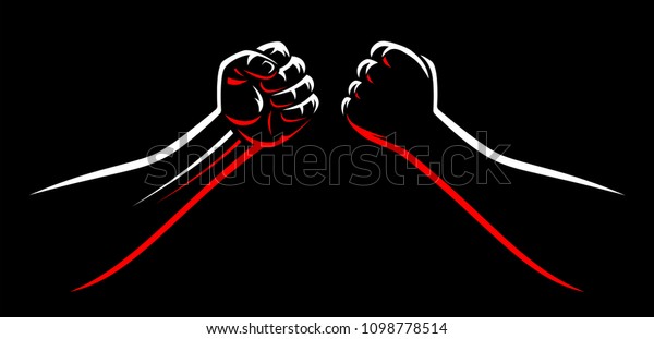 Clenched mma fight bump fists\
teamplate. Male power martial arts arms isolated on black dark\
background. Karate, boxing, wrestling fighter square\
off