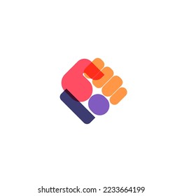 Clenched palm in fist logo, unbroken icon, force strength protest symbol. Bright colored flat geometric figures, Cubism style logo concept. Modernist vector logo template.