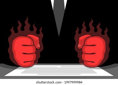 Clenched red fists of angry furious businessman or political person and document on table. Concept of being enraged from political failure, bad business deal, poor result, broken contract