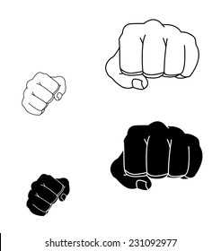 Clenched striking man fists in fight stance. Ready to fight. Contour lines illustration isolated on white