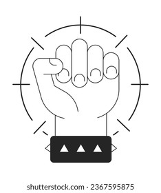 Objeto vectorial aislado monocromo plano de la mano de enclavamiento. Mostrando poder. Levantando la mano. Dibujo de arte en blanco y negro editable. Ilustración simple de la mancha para el diseño de gráficos web
