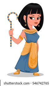 Cleopatra beautiful cartoon Egypt Queen in golden dress and with crook in her hand. Beautiful young Egyptian woman. Vector illustration.