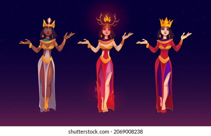 Cleopatra, devil girl and queen on background of sky with stars. Vector cartoon set of female characters, princess in gold crown, demon with horns and fire and egyptian goddess