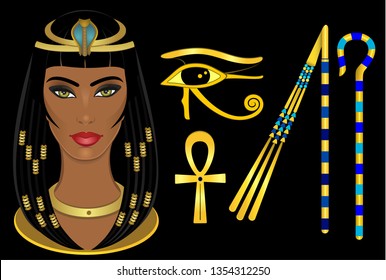 Cleopatra Egypt Queen, Horus Eye, Ankh, Crook And Flail 