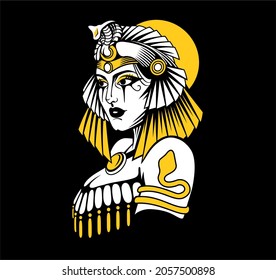 Cleopatra - Egyptian queen, Caesar's love, mythological character, beautiful woman, illustration on a black background, with a snake crown on his head, attributes of cultural heritage, tattoo t shirt