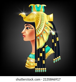 Cleopatra face, Egyptian pharaoh queen, ancient goddess portrait, Egypt woman black hair, gold crown. Mythology character, jewelry necklace old civilization Nefertiti princess. Egypt Cleopatra clipart
